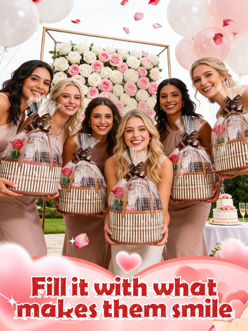 MADHOLLY 6 Set Valentine's Day Bamboo Baskets for Gifts Empty - 6"x7.5"x11.4" Large Easy to Setup Sturdy Gift Wrapping Basket with 2 Clear Bags and Bows, for Wedding Party, Baby Shower, Housewarming, Brown - Image 5