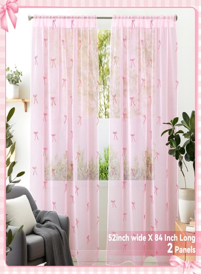 Tegeme 2 Panels Pink Bow Sheer Curtains 84 Inches Long Embroidered Voile Curtains Decorative Coquettish Sheer Shades Faux Linen Semi Window Decor for Home Party Office - Image 2