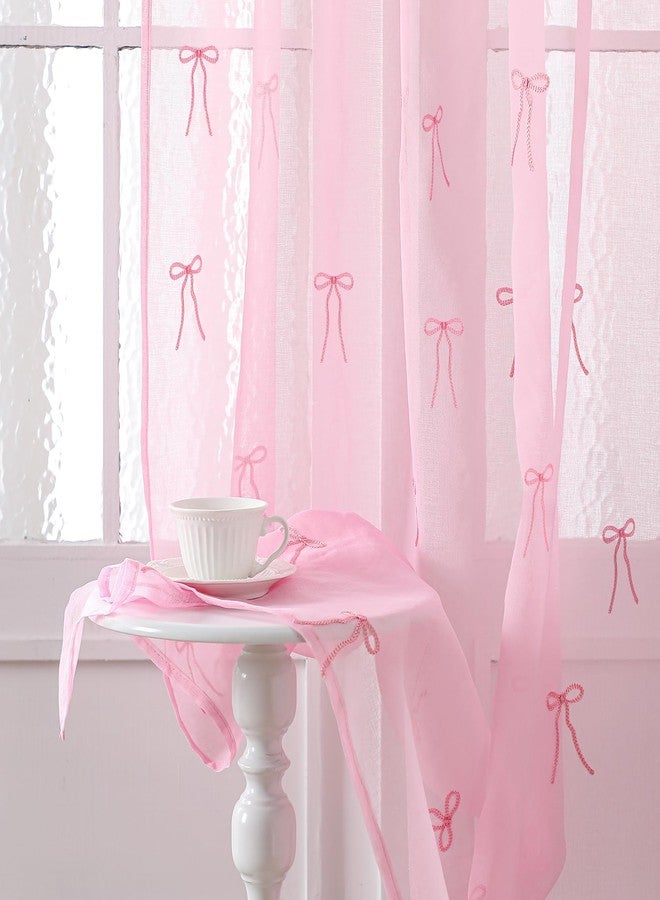 Tegeme 2 Panels Pink Bow Sheer Curtains 84 Inches Long Embroidered Voile Curtains Decorative Coquettish Sheer Shades Faux Linen Semi Window Decor for Home Party Office - Image 1