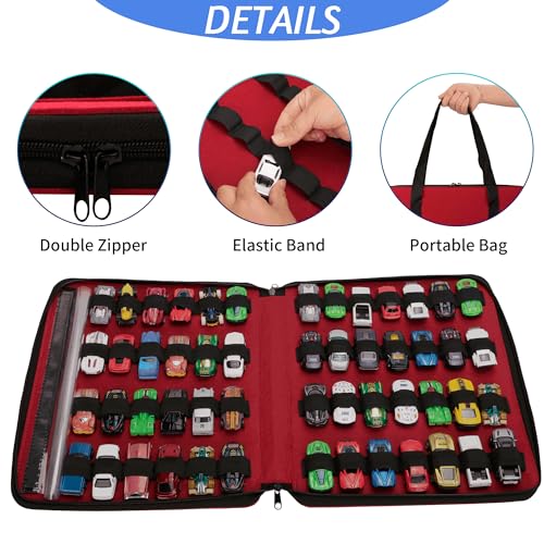 JOYMOMO Toy Car Organizer Carrying Case Compatible with Matchbox Cars, Portable Carrying Container Carrier Holder Fit for 52 Toy Car Storage (Toy Cars Not Included) (52 Slots Red) - Image 3