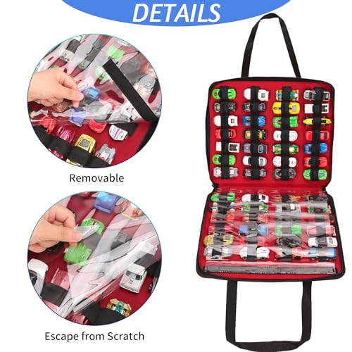 JOYMOMO Toy Car Organizer Carrying Case Compatible with Matchbox Cars, Portable Carrying Container Carrier Holder Fit for 52 Toy Car Storage (Toy Cars Not Included) (52 Slots Red) - Image 4