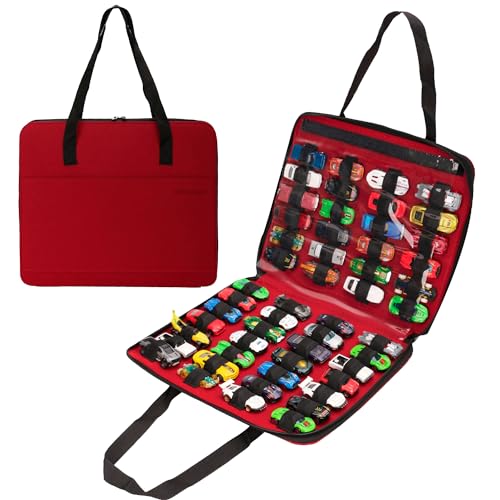 JOYMOMO Toy Car Organizer Carrying Case Compatible with Matchbox Cars, Portable Carrying Container Carrier Holder Fit for 52 Toy Car Storage (Toy Cars Not Included) (52 Slots Red) - Image 1