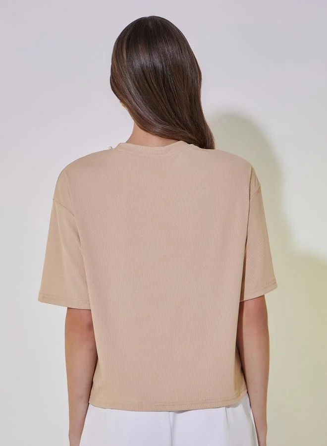 Take Two Faux Pearl Embellished Ribbed Boxy Fit T-Shirt