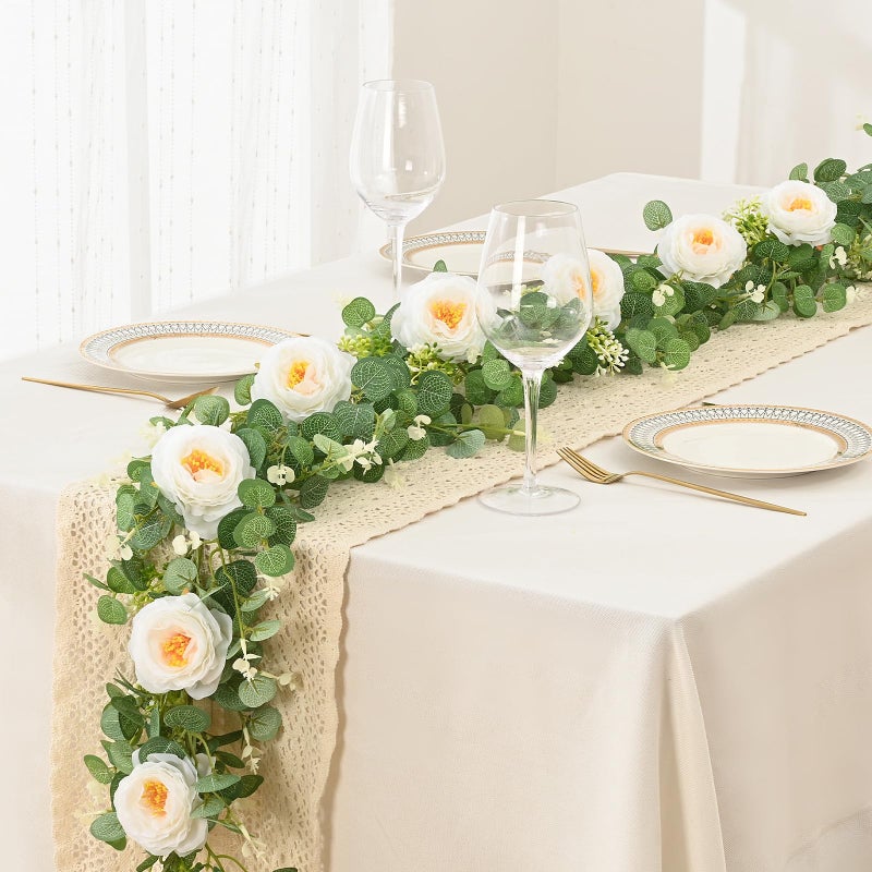 Dolicer 4Pcs 26Ft Artificial Eucalyptus Garlands with Flowers - 8 Camellias  Faux Floral Greenery Garlands Fake Flowers Vines for Wedding Table Centerpieces Arch Party Ceremony Backdrop Decor (White) - Image 3