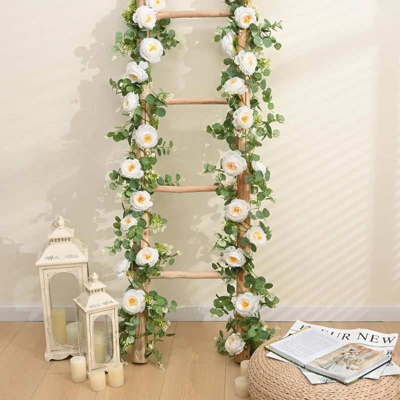 Dolicer 4Pcs 26Ft Artificial Eucalyptus Garlands with Flowers - 8 Camellias  Faux Floral Greenery Garlands Fake Flowers Vines for Wedding Table Centerpieces Arch Party Ceremony Backdrop Decor (White) - Image 4