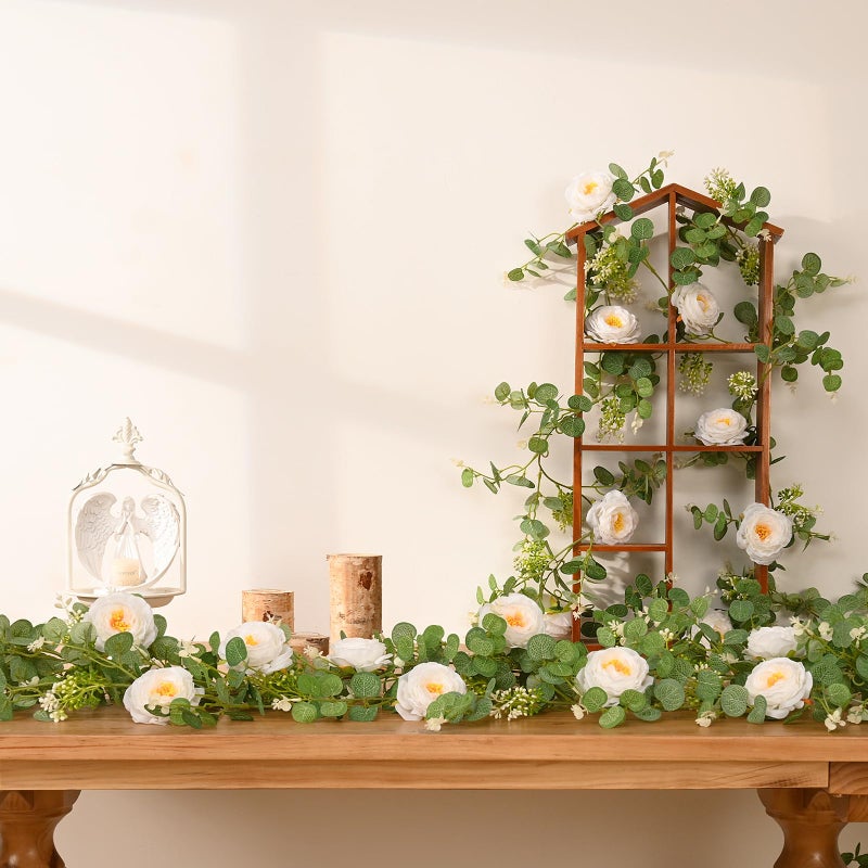 Dolicer 4Pcs 26Ft Artificial Eucalyptus Garlands with Flowers - 8 Camellias  Faux Floral Greenery Garlands Fake Flowers Vines for Wedding Table Centerpieces Arch Party Ceremony Backdrop Decor (White) - Image 2