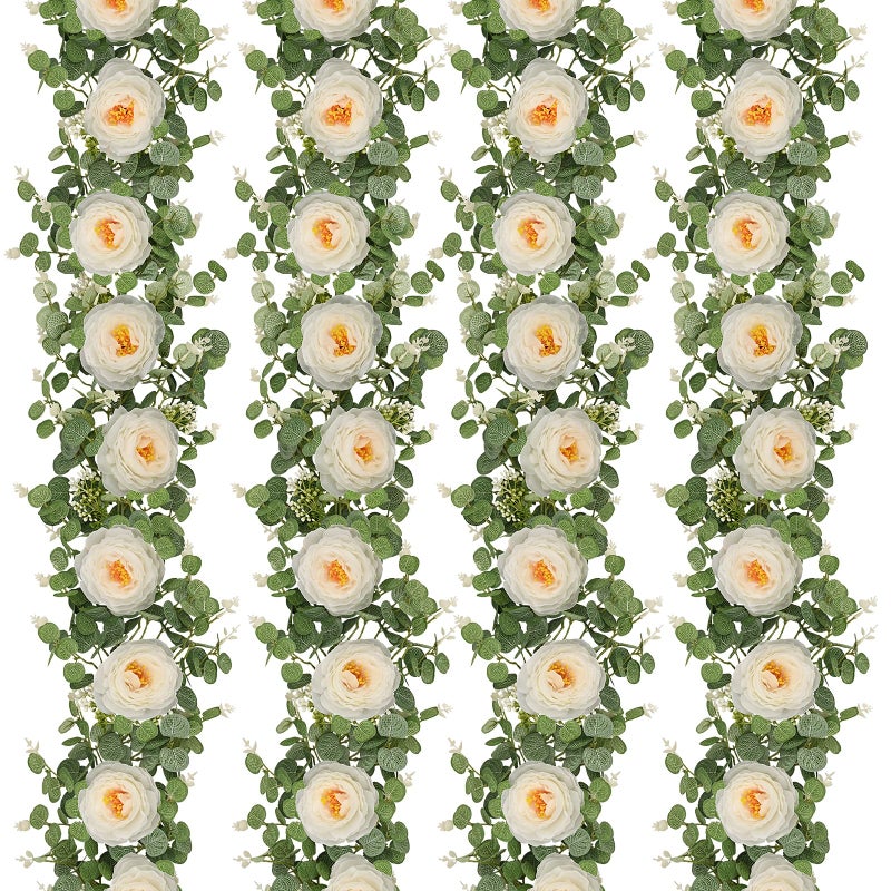 Dolicer 4Pcs 26Ft Artificial Eucalyptus Garlands with Flowers - 8 Camellias  Faux Floral Greenery Garlands Fake Flowers Vines for Wedding Table Centerpieces Arch Party Ceremony Backdrop Decor (White) - Image 1
