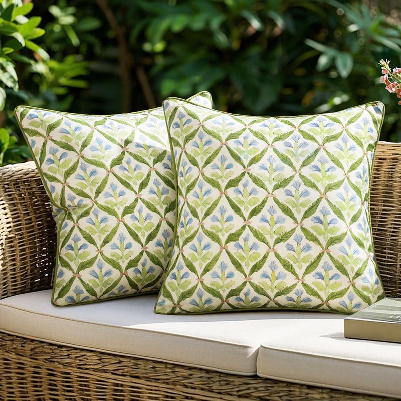 MIULEE Floral Decorative Pillow Covers Set of 2,Block Print Throw Pillowcases Outdoor Boho Farmhouse Vintage Summer Accent Cushion Covers for Couch paito Garden Sofa Bed 18x18 Inch, Green - Image 1