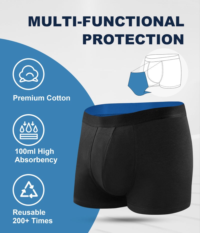 SUNCHIRI Men's Incontinence Underwear Cotton Boxer Briefs, Leakproof Washable Reusable 100ml Multipack (Black, Large) - Image 3