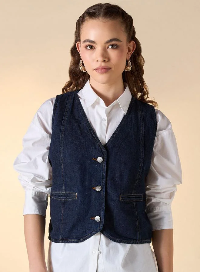 Lee Cooper Buckle Strap Detail Sleeveless Jacket with Pockets