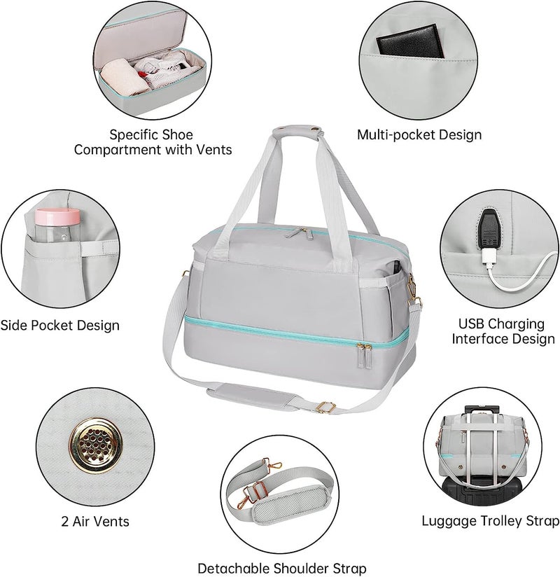 SKYTONE Travel Bags for Men & Womens, Sports Travel Duffel Bag with USB Charging Port, Weekender Overnight Bag with Wet Pocket and Shoes Compartment for Men & Women Multipurpose Use (Grey) - Image 4