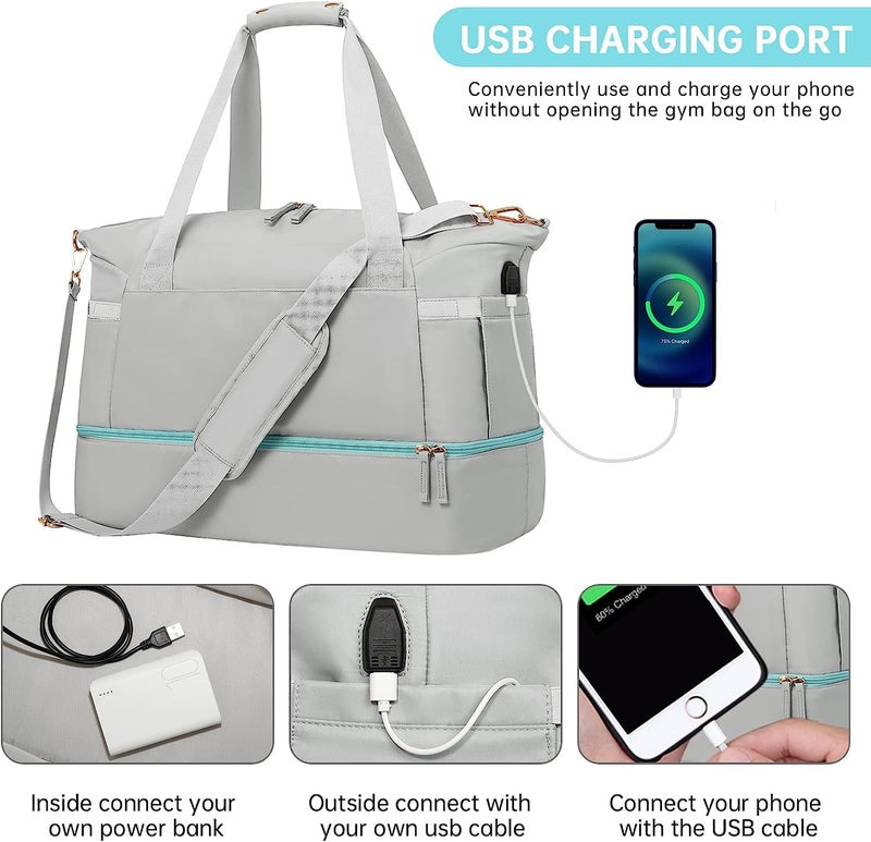 SKYTONE Travel Bags for Men & Womens, Sports Travel Duffel Bag with USB Charging Port, Weekender Overnight Bag with Wet Pocket and Shoes Compartment for Men & Women Multipurpose Use (Grey) - Image 3