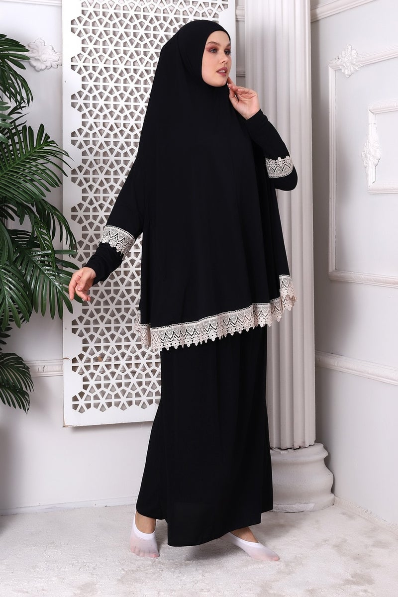 İhvan Online Ihvan Online Two Piece Scallop Practical Top and Bottom Prayer Dress 8018 Black - Image 2