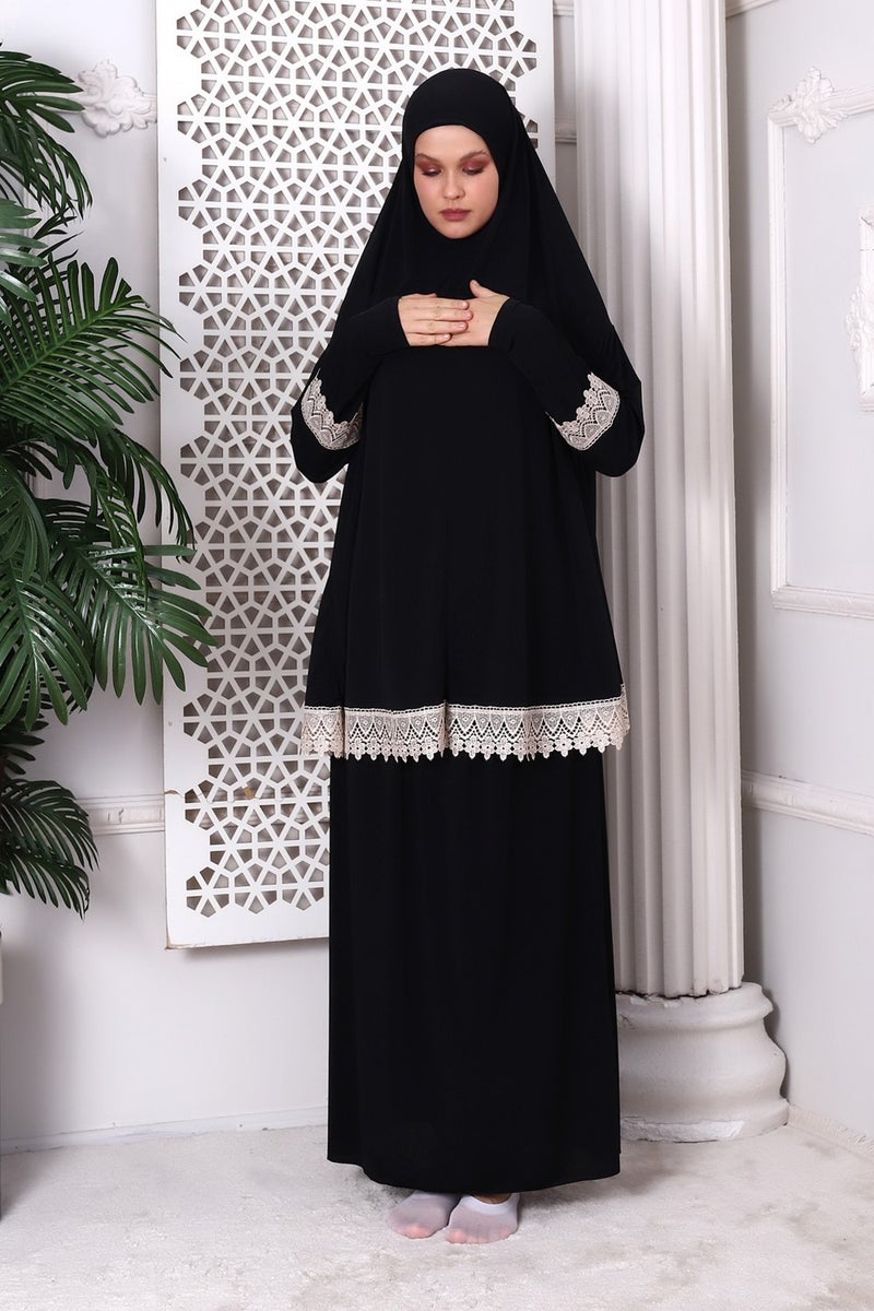 İhvan Online Ihvan Online Two Piece Scallop Practical Top and Bottom Prayer Dress 8018 Black - Image 4