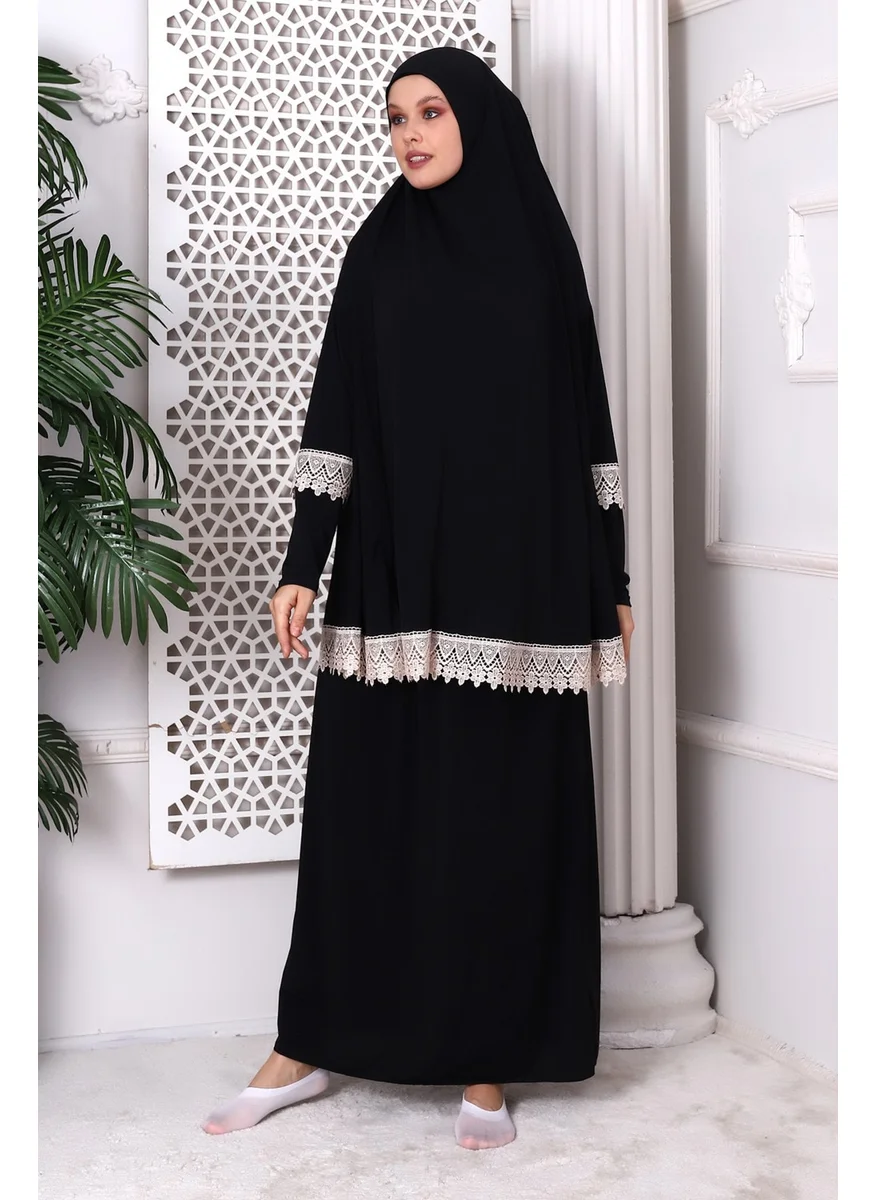 İhvan Online Ihvan Online Two Piece Scallop Practical Top and Bottom Prayer Dress 8018 Black