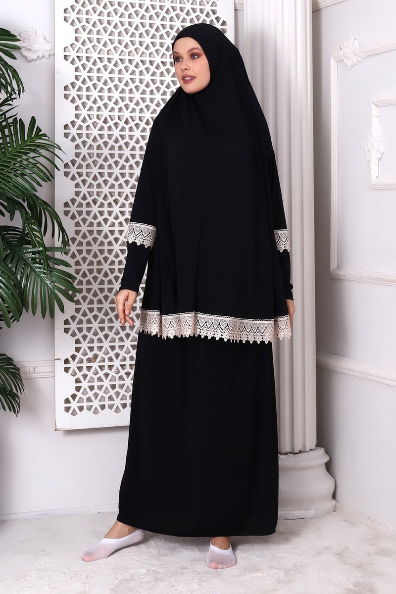 İhvan Online Ihvan Online Two Piece Scallop Practical Top and Bottom Prayer Dress 8018 Black - Image 1