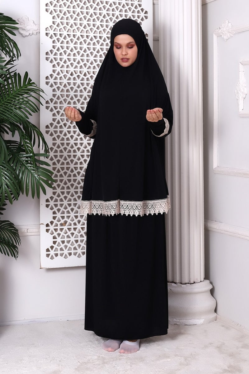 İhvan Online Ihvan Online Two Piece Scallop Practical Top and Bottom Prayer Dress 8018 Black - Image 5