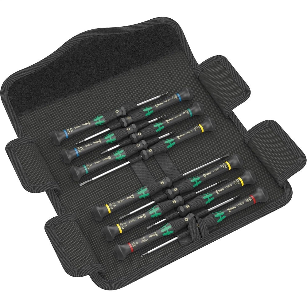 Kraftform Micro-Set/12 SB 1 Screwdriver Set of 12 for precision electronics repair, chrome-vanadium steel tips, black-red color scheme, ergonomic soft-grip handles