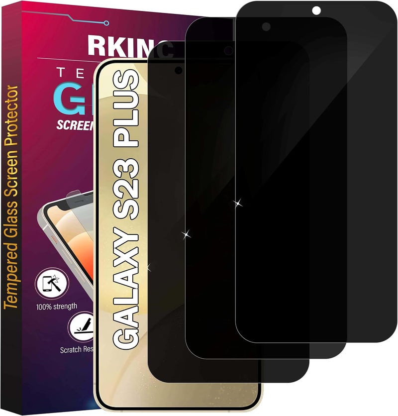 ريكنك حامي شاشة [عبوة تحتوي على ثلاث قطع] لهاتف Samsung Galaxy S23 Plus، من الزجاج المقوى، يحافظ على خصوصية المستخدم، لا يدعم فتح القفل ببصمات الأصابع، مضاد للتجسس، مقاوم للخدوش وخالي من الفقاعات. - Image 1