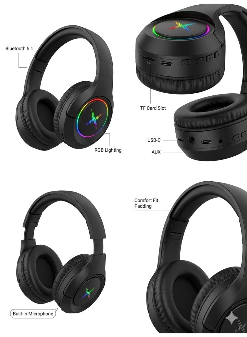 سودو سماعات رأس لاسلكية فوق الأذن SD-1017 بلوتوث 5.1 مع ميكروفون، فتحة بطاقة TF، وإضاءة RGB - أسود - Image 2