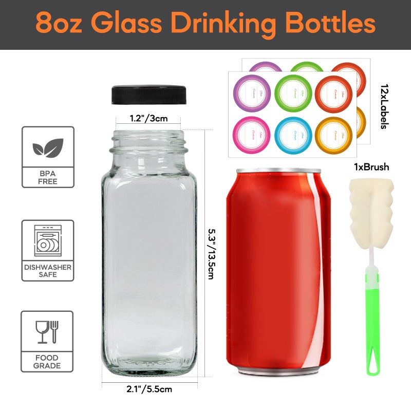STARSIDE 8 oz Glass Juice Bottles with Lids 12 Pack - Square Reusable Drinking Jars for Juicing, Milk, Kombucha - Includes 1 Bottle Brush, 12 Colored Labels - Image 2