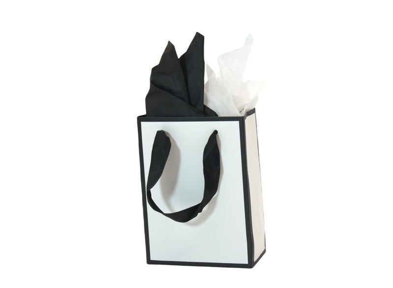 JUNESHE 4 Pack Mini Gift Bags with Tissue Paper - 6.3×4.7×2.2 inch White & Black Tiny Gift Wrap for Birthday,Party Favors, Baby Shower,Shopping,Presents,Wedding - Image 1