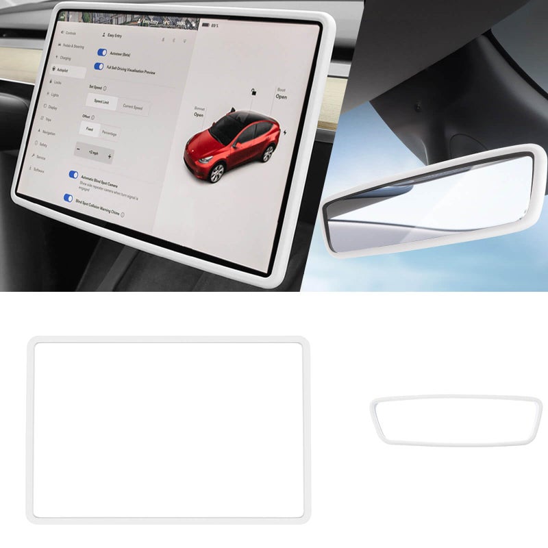 Yeapop 2Pcs Silicone Protector Frames of Screen and Rear View Mirror for Tesla Model 3 2017-2023 and Model Y 2019-Feb.2025. (White) - Image 1