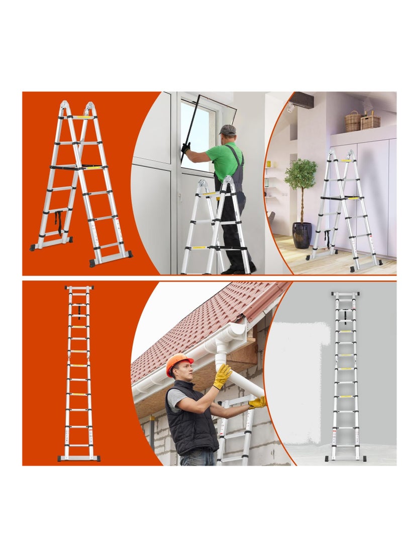 Sikaili Aluminum Folding Telescopic Ladder, 12ft (6ft + 6ft) Extendable Ladder with Stabilizers, Portable Non-Slip Ladder, Max Load 150kg (Silver) - Image 3