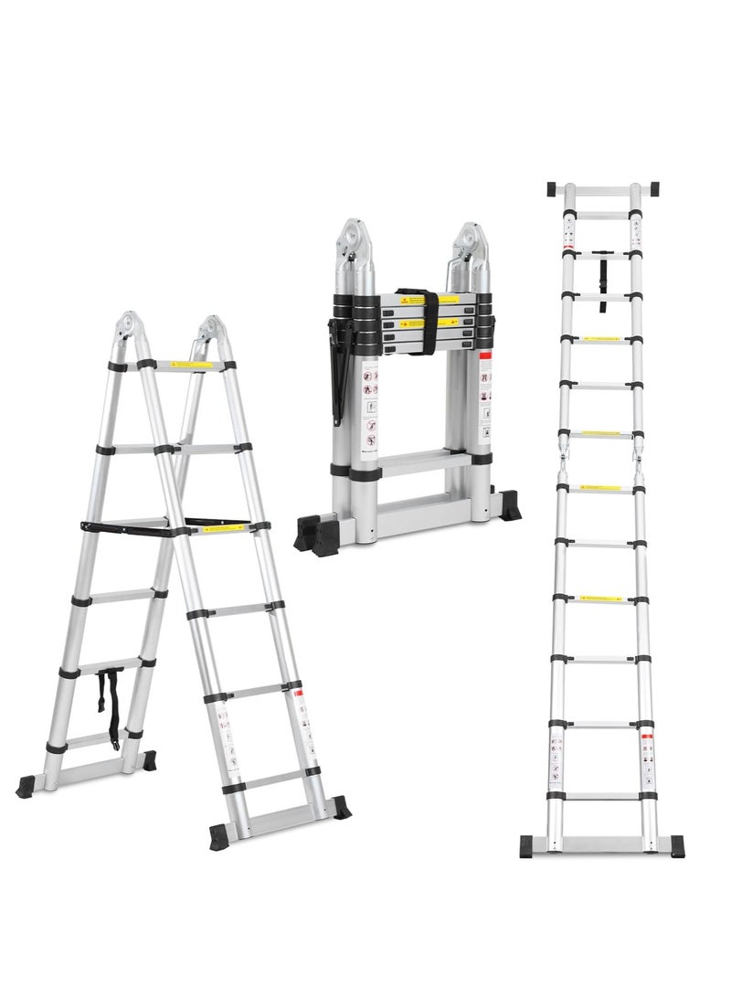 Sikaili Aluminum Folding Telescopic Ladder, 12ft (6ft + 6ft) Extendable Ladder with Stabilizers, Portable Non-Slip Ladder, Max Load 150kg (Silver) - Image 1