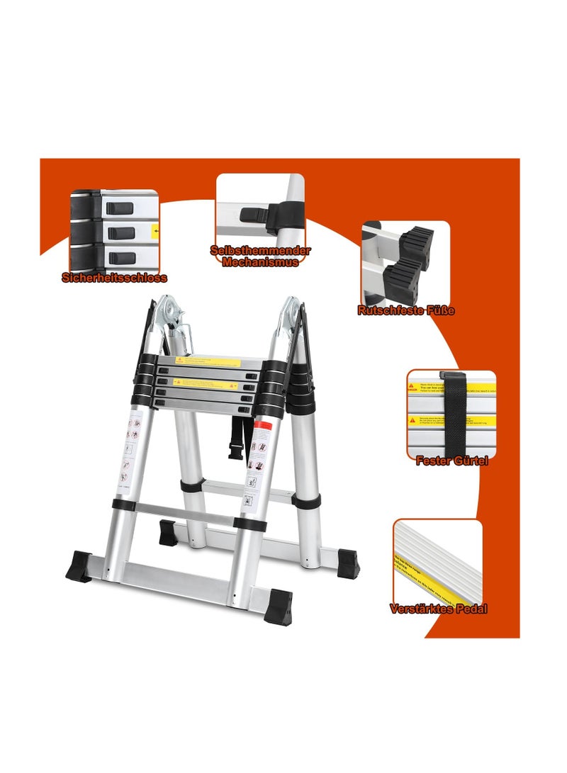 Sikaili Aluminum Folding Telescopic Ladder, 12ft (6ft + 6ft) Extendable Ladder with Stabilizers, Portable Non-Slip Ladder, Max Load 150kg (Silver) - Image 2