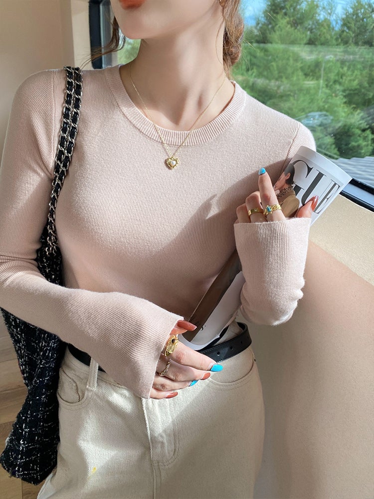 Womens Knitted Inner Sweater With Fleece Lining And Thickened Base Yellow Round Neck Tweed Style Top For Autumn/Winter 2024 Lotus color~ 