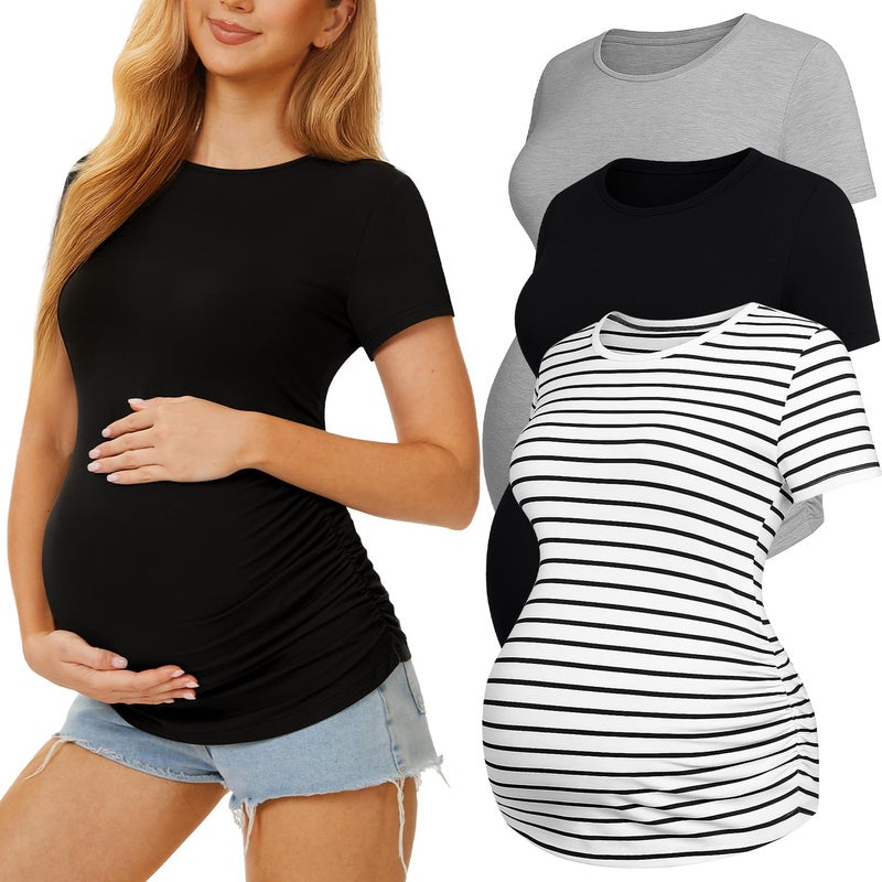 MIRAZEN 3 Pack Womens Maternity Shirts - Crew Neck Maternity Top Short Sleeve Pregnancy Tee Shirts, Black/Light Grey/White Stripe, Large - Image 1