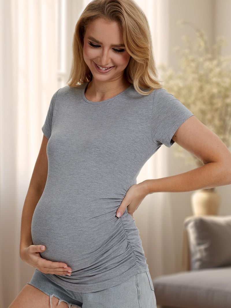 MIRAZEN 3 Pack Womens Maternity Shirts - Crew Neck Maternity Top Short Sleeve Pregnancy Tee Shirts, Black/Light Grey/White Stripe, Large - Image 3