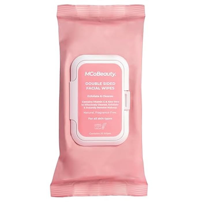 MCoBeauty - Double-Sided Facial Wipes - Cleansing and Exfoliating Wipes with Vitamin C, Aloe Vera and Vitamin E - Pack of 25 - Vegan, Cruelty Free, Fragrance Free - Image 1