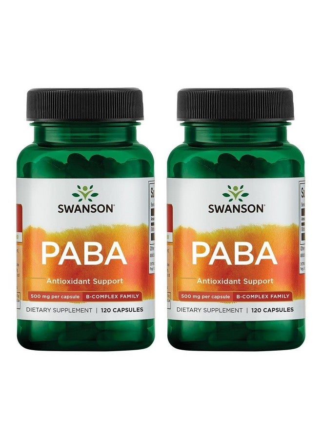 Swanson PABA - Powerful B Complex Supporting Red Blood Cell Formation - Folic Acid Component Aiding Supply Oxygen to Cells and Skin Health Support - (120 Capsules, 500mg Each) (2 Pack)