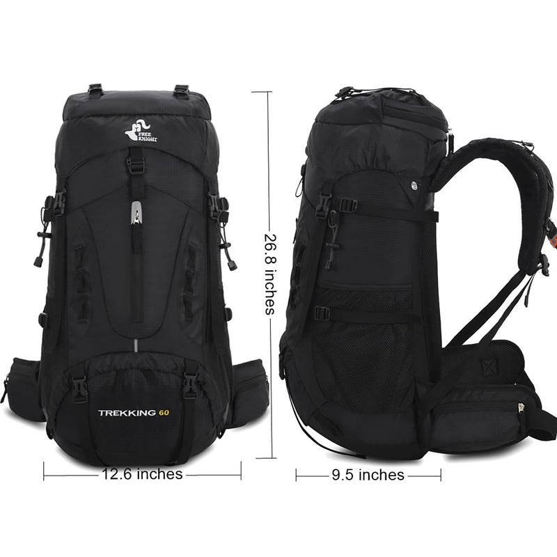 Bseash 60L Hiking Camping Backpack with Rain Cover, Waterproof Large Capacity Outdoor Sport Travel Daypack Climbing Touring (Black) - Image 2