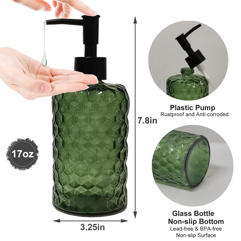 YYTSGG Green Glass Soap Dispenser with Plastic Pump, 17oz Hand Soap Dispenser for Kitchen & Bathroom, Great for Lotions, Essential Oil, Liquid Soaps - Image 2