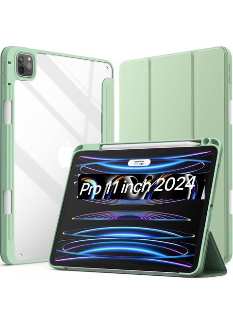 Smart Case for iPad Pro 11 Inch 2024 M4 with Pencil Holder, Clear Back Slim Tri-fold Folio Stand Shell Tablet Cover for iPad Pro 11" 2024 5th Generation -Mint