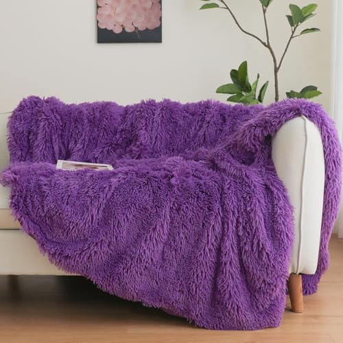HAIHUA Purple Faux Fur Throw Blanket, Purple 50" x 60" Fluffy Blanket Throw, Shaggy Plush Decorative Couch Blanket, Cute Furry Throw Holidy Fuzzy Lap Blanket for Kids Women Men Teen Girls - Image 2