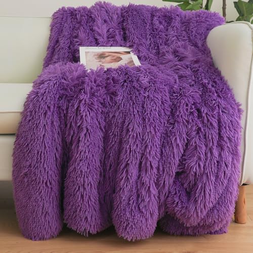 HAIHUA Purple Faux Fur Throw Blanket, Purple 50" x 60" Fluffy Blanket Throw, Shaggy Plush Decorative Couch Blanket, Cute Furry Throw Holidy Fuzzy Lap Blanket for Kids Women Men Teen Girls - Image 1