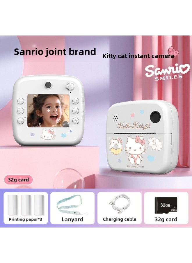 Generic Sanrio Joint Children Print Camera Kolomi Big Ear Dog Melody Instant Polaroid Camera-Color:[kitty Cat Camera (32g Memory) + Printing Paper * 3 + Lanyard + Charging Cable + Instructions  - Image 1