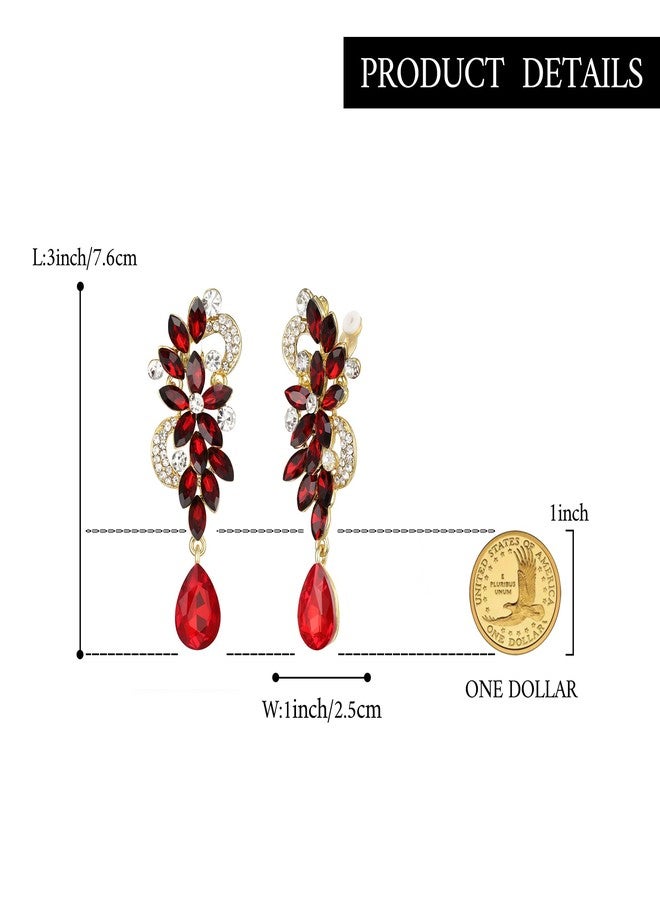 BriLove Wedding Bridal Clip-On Earrings for Women Bohemian Boho Crystal Flower Chandelier Teardrop Bling Long Dangle Jewelry for Party Prom Ruby Color Gold-Toned - Image 5
