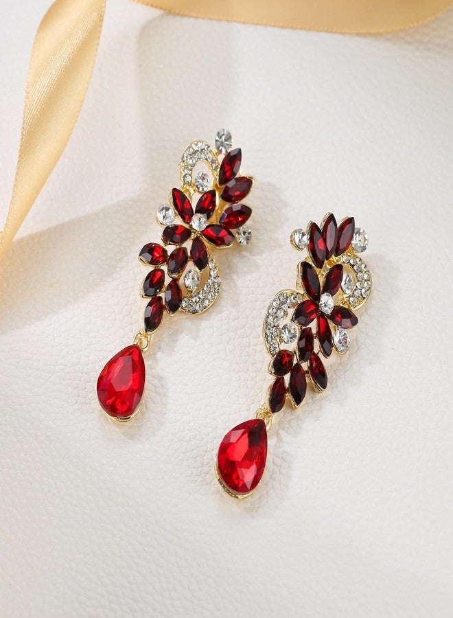 BriLove Wedding Bridal Clip-On Earrings for Women Bohemian Boho Crystal Flower Chandelier Teardrop Bling Long Dangle Jewelry for Party Prom Ruby Color Gold-Toned - Image 4