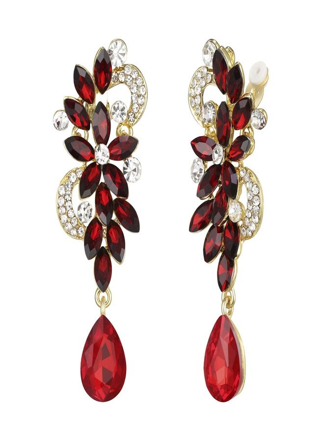 BriLove Wedding Bridal Clip-On Earrings for Women Bohemian Boho Crystal Flower Chandelier Teardrop Bling Long Dangle Jewelry for Party Prom Ruby Color Gold-Toned - Image 1
