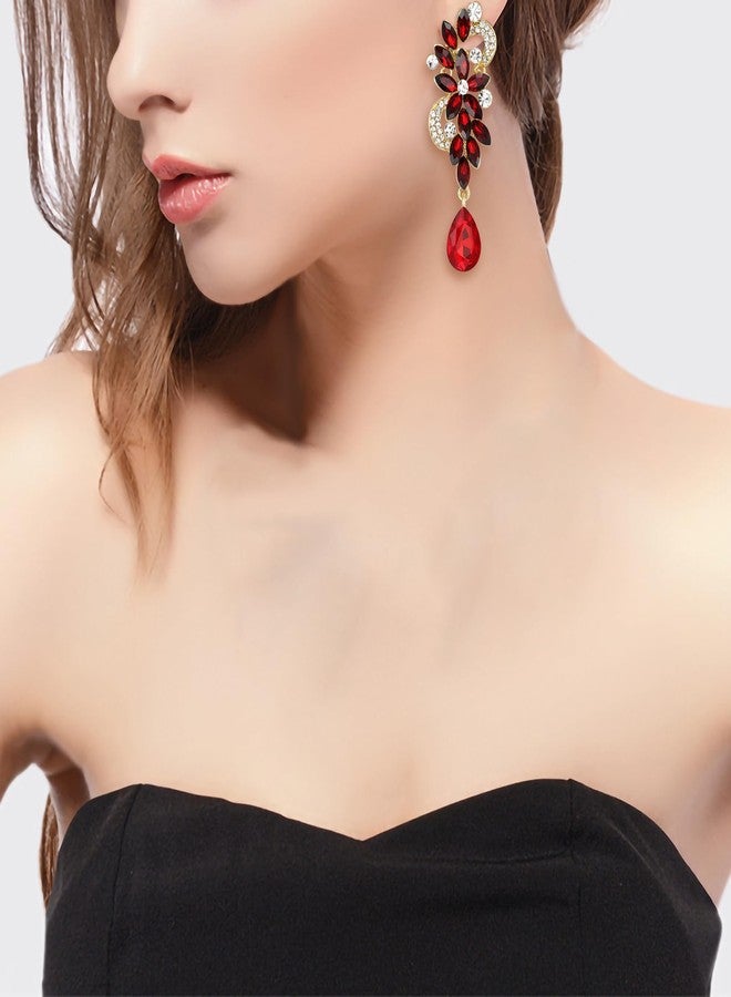 BriLove Wedding Bridal Clip-On Earrings for Women Bohemian Boho Crystal Flower Chandelier Teardrop Bling Long Dangle Jewelry for Party Prom Ruby Color Gold-Toned - Image 2