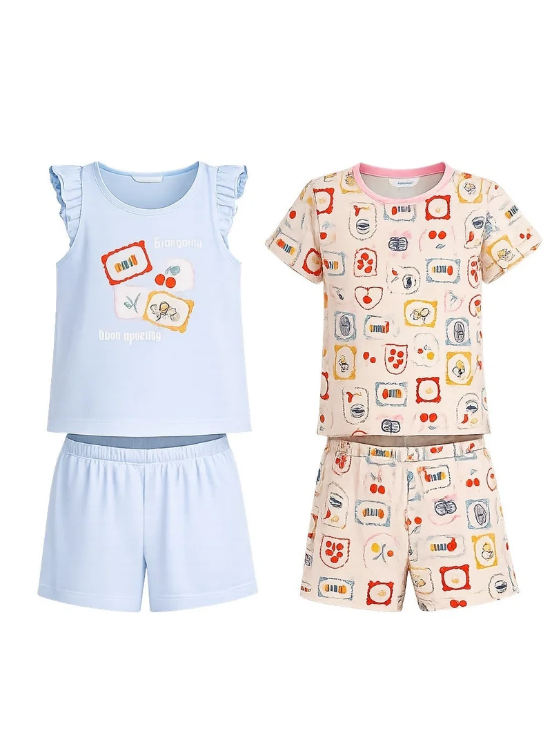 بنتي Penti Girl's Cotton Lounge French Meal Shorts Sleeve 2-pack Pajama Set - Light Blue