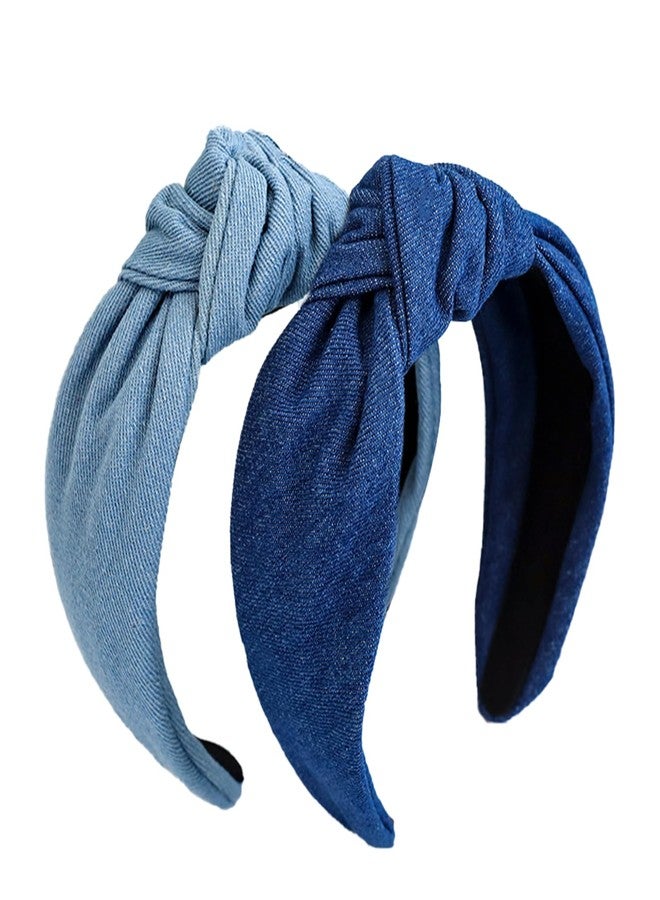 اس واي بي ال طقم SYBL مكون من قطعتين، عرض كل قطعة 6 سم، حلقات شعر معقودة، تصميم كلاسيكي من قماش الدنيم، أطراف مطاطية مانعة للانزلاق، لون أزرق داكن وأزرق فاتح - Image 1