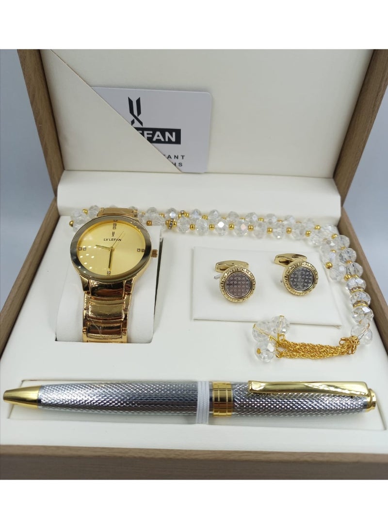 ANEMAR MAN A high-quality, elegant men's gift set including a watch, pen, prayer beads, cufflinks, and a gold bracelet with a gold dial.