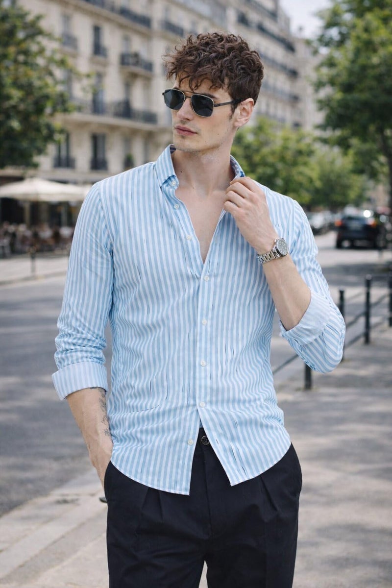 U Turn Men's Casual Printed Striped Stylish Latest Formal Shirt for Men Plus Size Shirt for Men (in, Alpha, XL, SkyBlue Stripe) - Image 4