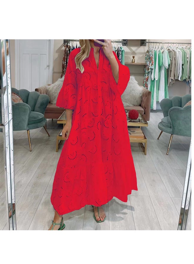 Women V-neck Trumpet Sleeve Lace Hollow Long Dress Loose Dress - Image 1